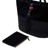 Melita Black Large Tote Bag with crochet detailing and tassel, accompanied by a sleek black pouch.