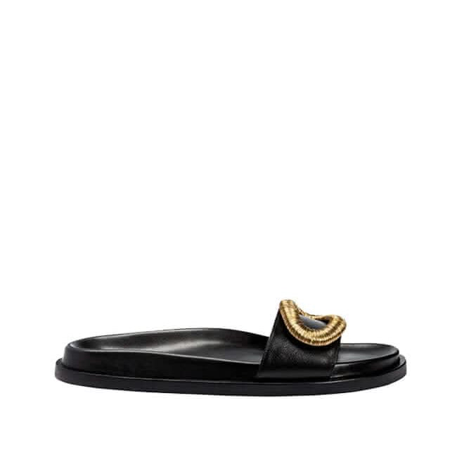 Naria Black Comfort Slide featuring a stylish gold accent, perfect for casual chic wear.