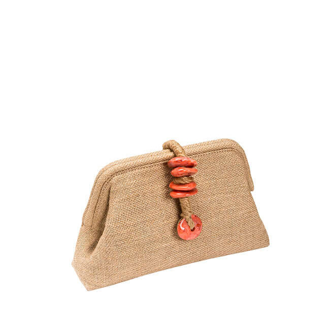 Petra Coral Pouch Bag made of soft raffia, featuring natural stones and jute rope, capturing Tuscan elegance.