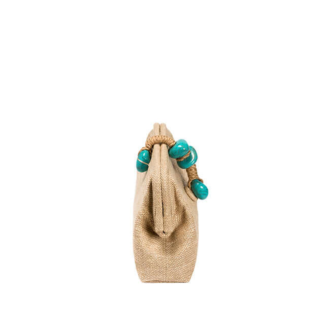 Petra Turquoise Pouch Bag in soft raffia with turquoise stones and jute rope, showcasing elegant Tuscan-inspired design.