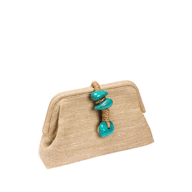 Petra Turquoise Pouch Bag made of soft raffia with natural stones and jute rope accent, embodying elegance and purity.