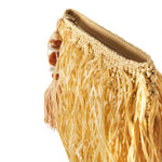 Phedora Natural Clutch featuring a stylish fringe design in vibrant yellow with bead accents.