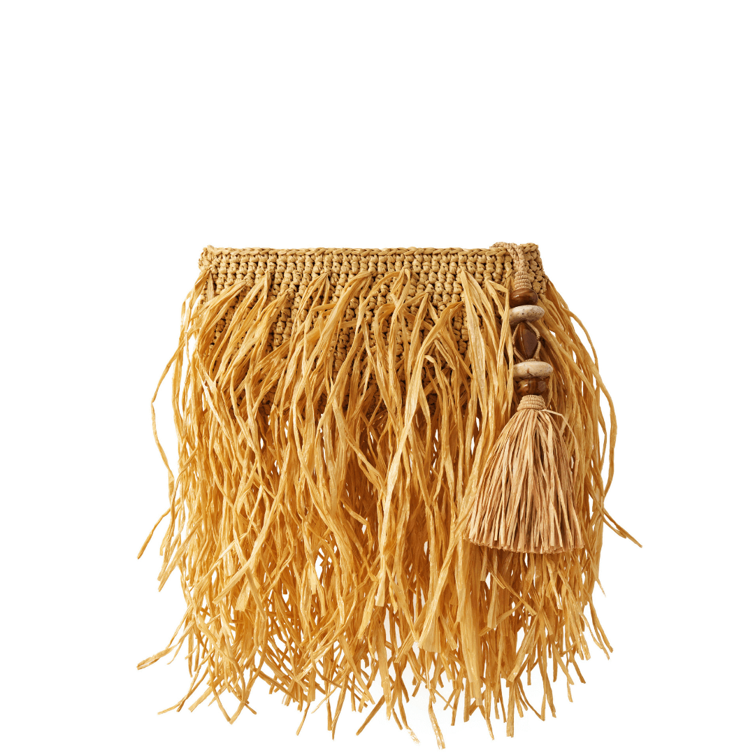 Phedora Natural Clutch featuring intricate straw fringe and a decorative tassel, perfect for summer outings.