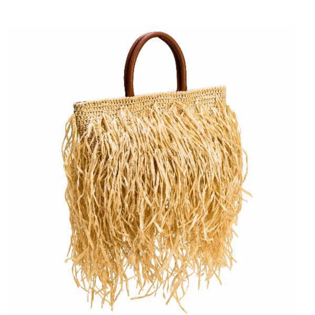 Phedora Natural Large Tote Bag featuring a stylish fringe design and rustic handles, perfect for beach outings or casual use.