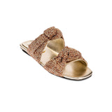 Rhea Sahara 2 Knot Sandal featuring artisanal crochet leather straps and metallic threads for effortless elegance.