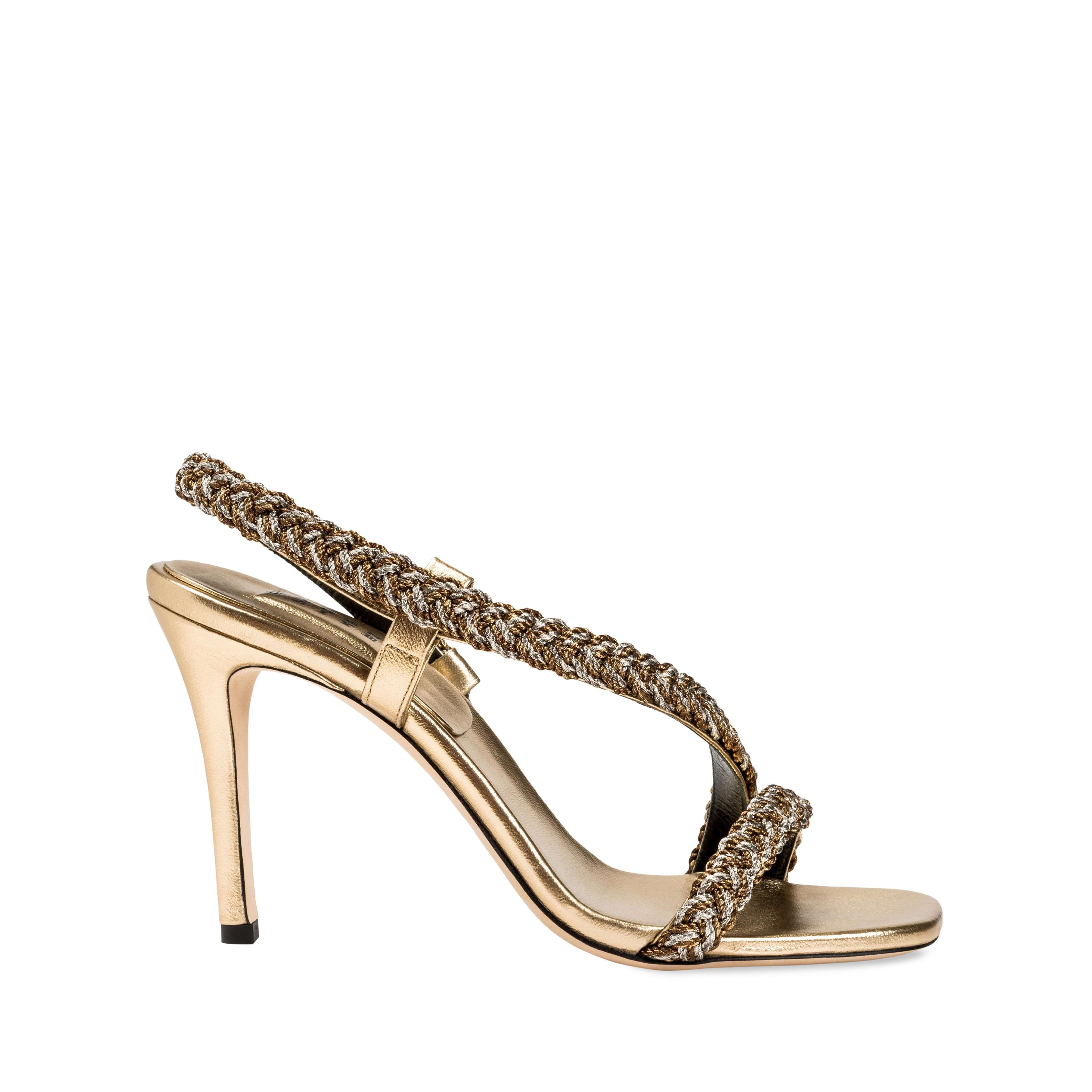 Ronda Gold High-Heel Asymmetric Sandal with braided strap design, perfect for stylish formal and casual occasions.