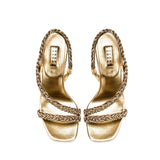 Ronda Gold High-Heel Asymmetric Sandal with braided detail and slingback design, perfect for chic evening wear.