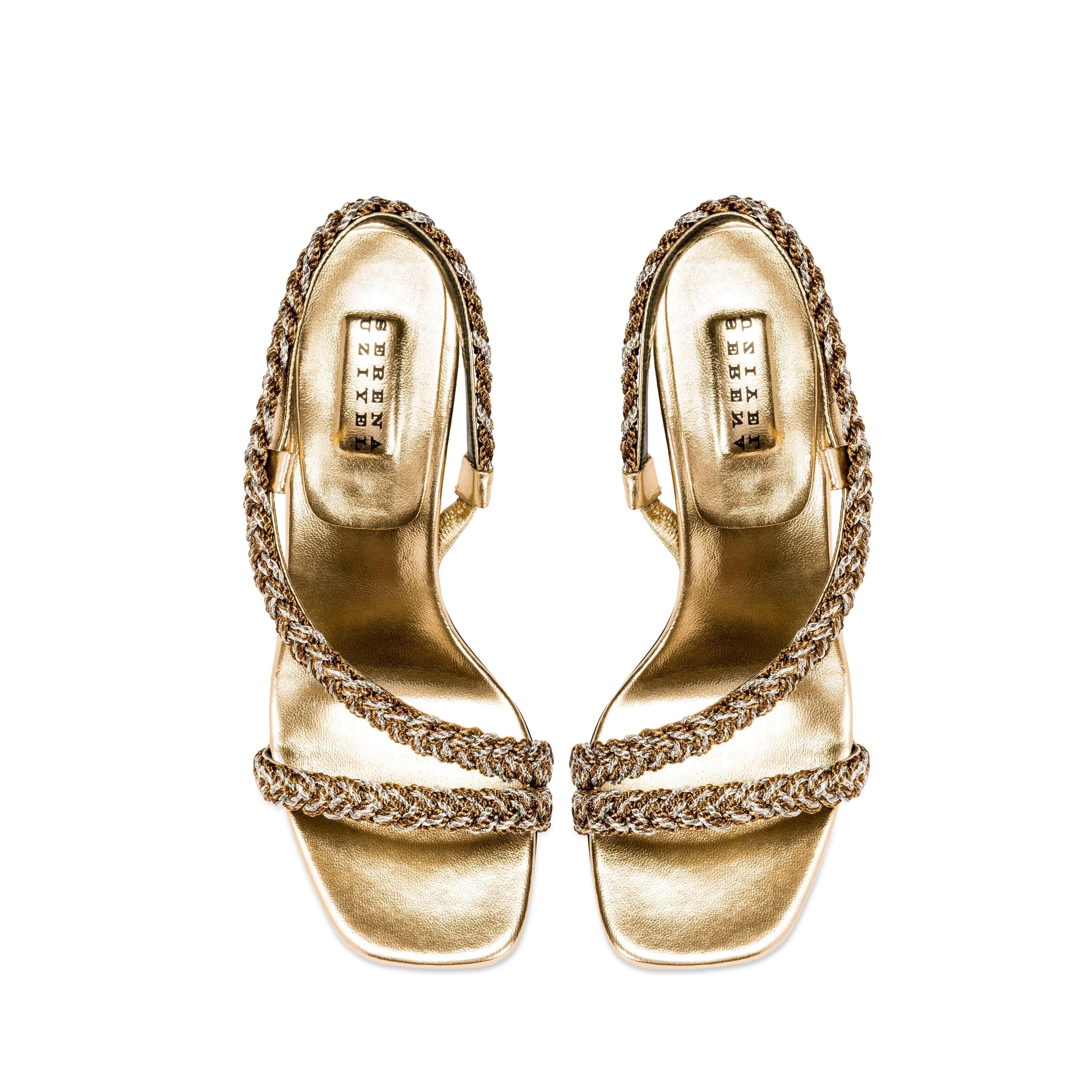 Ronda Gold High-Heel Asymmetric Sandal with braided detail and slingback design, perfect for chic evening wear.
