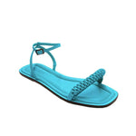 Rovena Aqua Flat Removable Ankle Sandal in vibrant turquoise color with stylish braided strap.