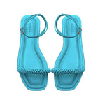 Rovena Aqua Flat Ankle Sandal in vibrant turquoise with braided strap and removable ankle strap.