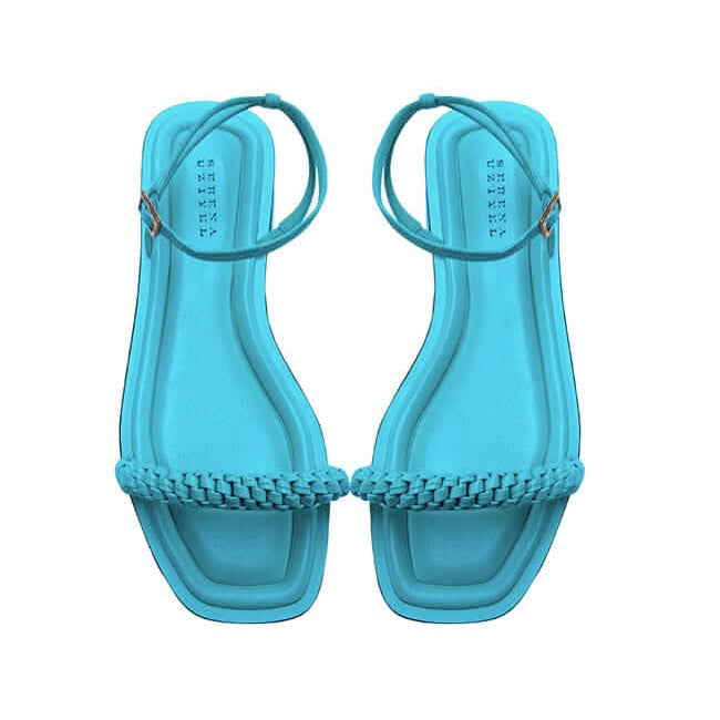 Rovena Aqua Flat Ankle Sandal in vibrant turquoise with braided strap and removable ankle strap.