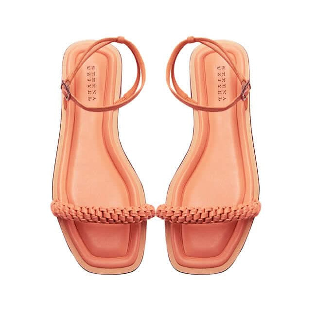 Rovena peach flat sandals with removable ankle strap and braided detail, perfect for summer style.