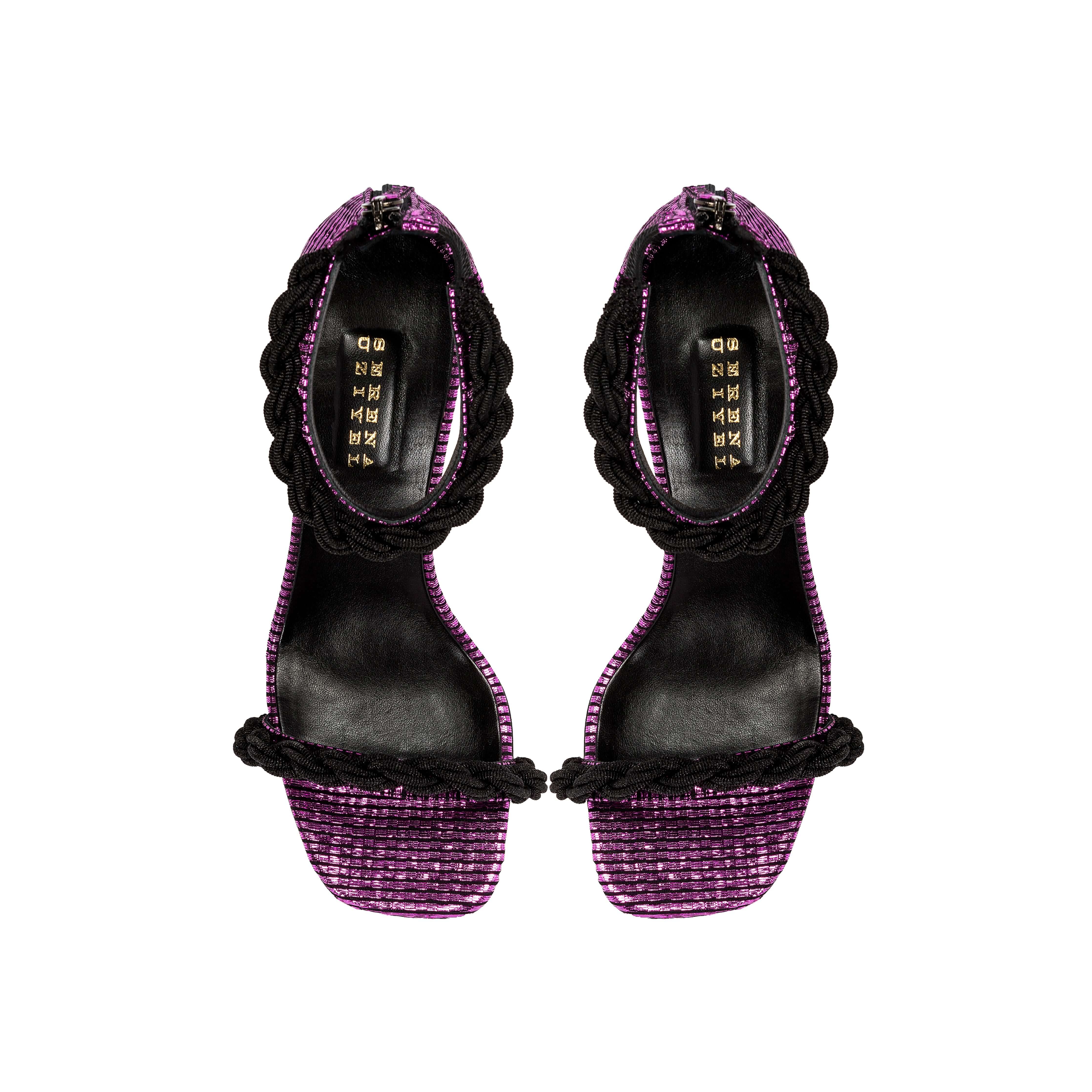 Roxana Disco High-Heel Ankle Sandal in iridescent leather with braided straps, showcasing a 90mm stiletto heel.