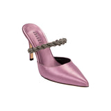 Roxana Lila mules pump in soft pink satin with braided strap, perfect for stylish occasions.