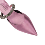 Roxana Lila mules pump in soft pink satin with braided strap, perfect for elegant occasions and stylish outings.