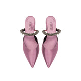 Roxana Lila Mules Pump in elegant pink satin with braided strap detail, perfect for stylish occasions.