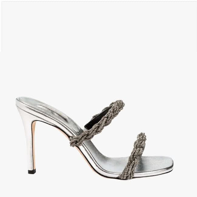 Roxana Silver High-Heel Sandal with Two Spiral Twisted Straps, perfect for a night out.