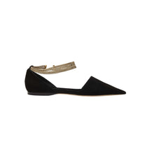Sienna Black Flat Ballerina with chainlink anklet, featuring elegant suede construction for comfort and style.