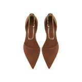 Sienna Camello Flat Ballerina in brown suede with chainlink anklet for elegance and comfort.
