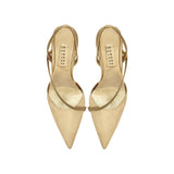 Sienna Gold High-Heel Slingback Pump with chainlink embellishment, perfect for evening wear and elegant occasions.