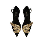 Valeria Black Flat Ankle Ballerina with gold leaf embellishments, showcasing elegance and comfort in suede design.