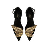 Valeria Black Flat Ankle Ballerina with gold leaf embellishments, showcasing elegance and comfort in suede design.