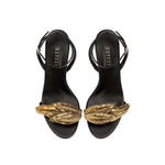 Valeria Black High-Heel Ankle Cross Sandal with metallic leaf embroidery, perfect for chic night outings.