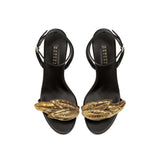 Valeria Black High-Heel Ankle Cross Sandal with metallic leaf embroidery, perfect for chic night outings.