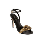 Valeria Black High-Heel Ankle Cross Sandal with metallic leaf embroidery, perfect for chic nighttime outfits.