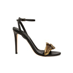 Valeria Black High-Heel Ankle Cross Sandal with metallic leaf embroidery, perfect for chic and Bohemian outfits.