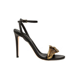 Valeria Black High-Heel Ankle Cross Sandal with metallic leaf embroidery, perfect for chic and Bohemian outfits.