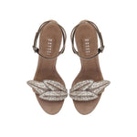 Valeria Praline High-Heel Ankle Cross Sandal with metallic leaf embroidery, perfect for chic evening attire.