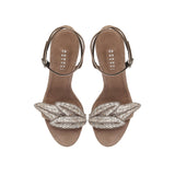 Valeria Praline High-Heel Ankle Cross Sandal with metallic leaf embroidery, perfect for chic evening attire.