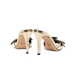 Back view of Valeria Sahara high-heel sandal featuring metallic leaf embroidery and sleek design.