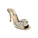 Valeria Sahara high-heel sandal featuring metallic leaf embroidery, showcasing nature-inspired elegance.