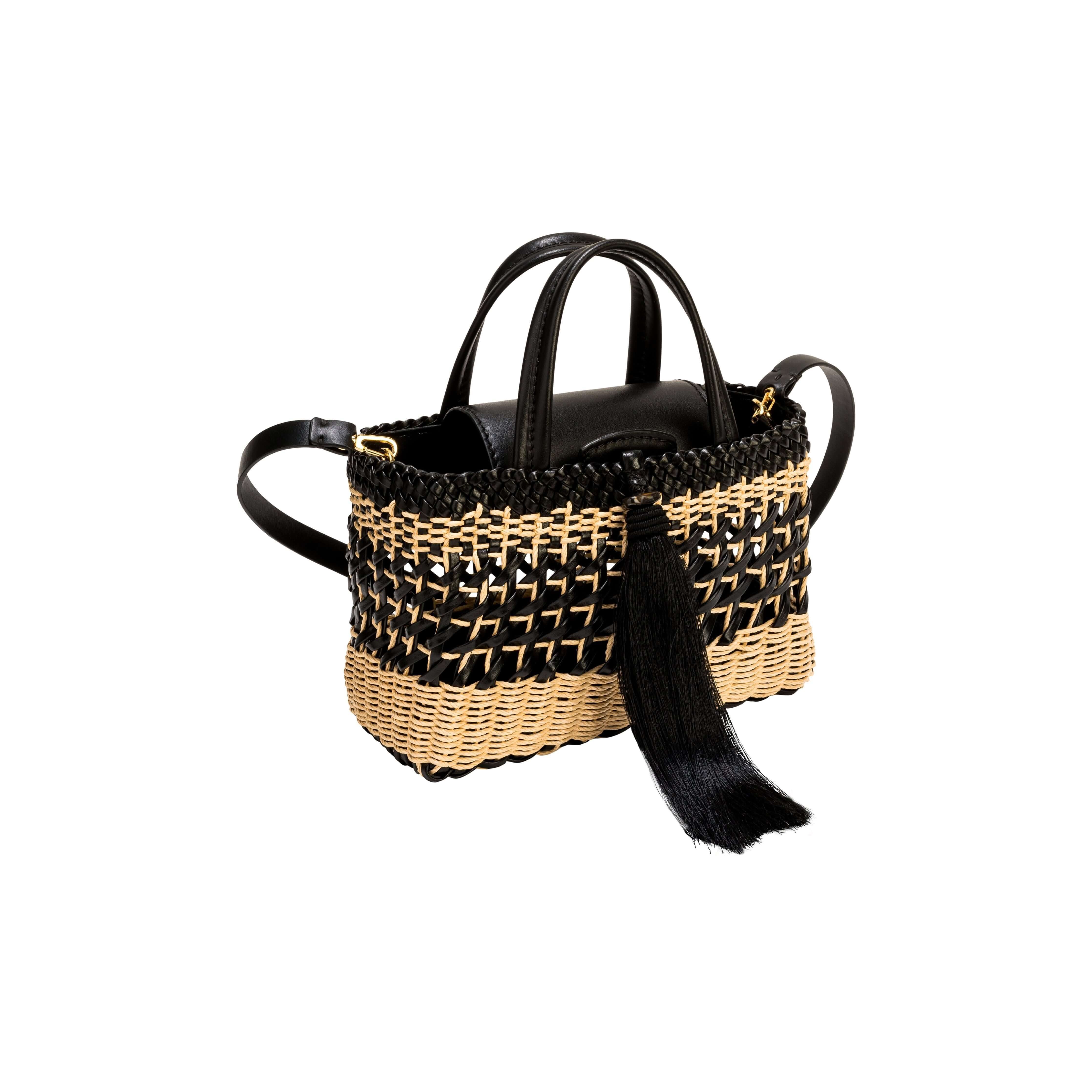 Stylish Almeria Tassel Black Mini Tote Bag featuring raffia design and leather trim for elegant everyday storage.