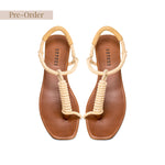 Iris Camello Flat Toe Sandal featuring a stylish rope design, perfect for summer, available for pre-order.
