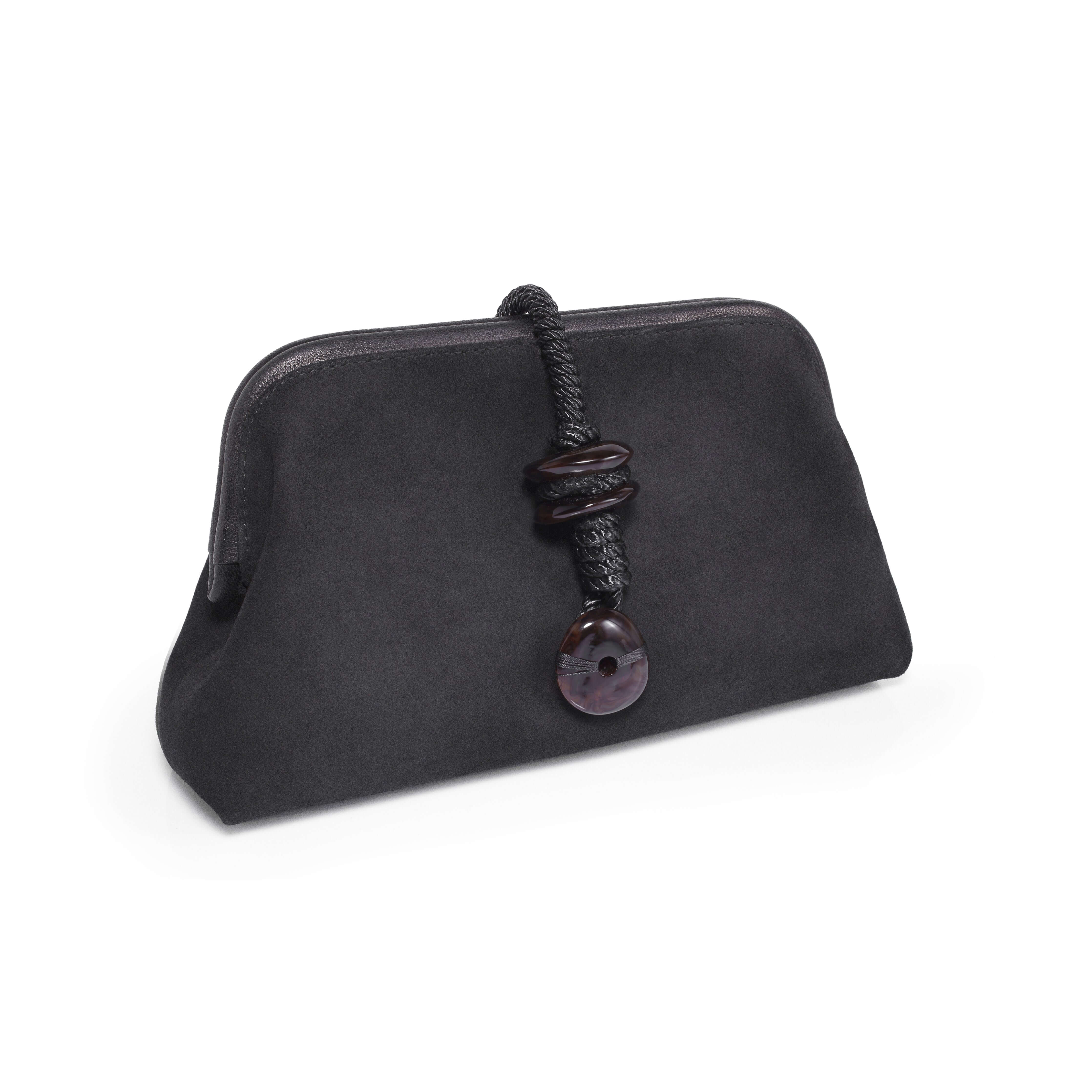 Petra Black Pouch Bag in suede leather with stone embroidery, stylish accessory made in Italy.