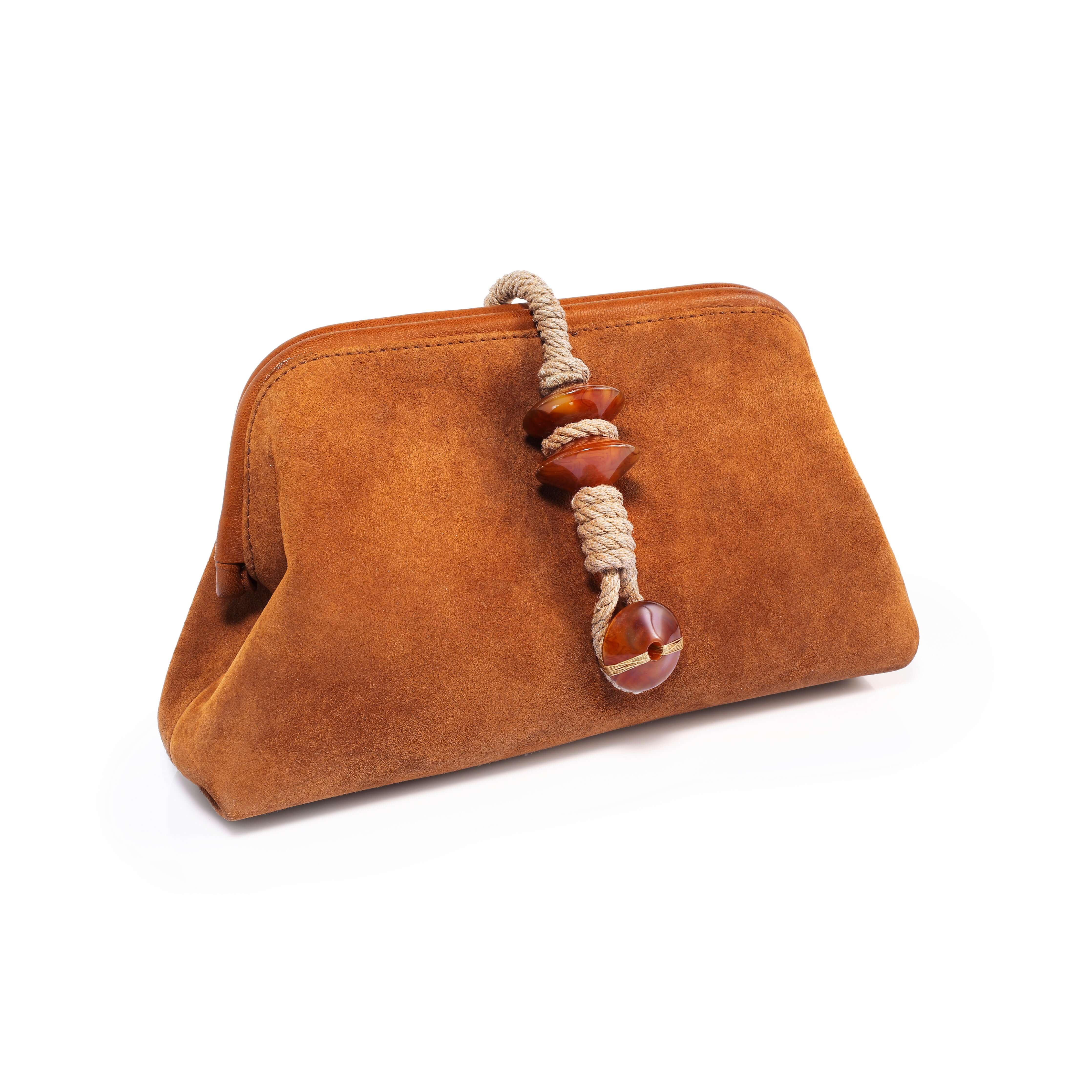 Petra Camello Pouch Bag in suede leather with stone embroidery, featuring a stylish rope handle, made in Italy.