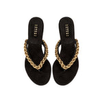 Thory Black Mid-Heel Thong Sandal with bold chain detail, perfect for stylish summer looks.