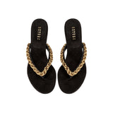 Thory Black Mid-Heel Thong Sandal with bold chain detail, perfect for stylish summer looks.