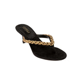 Thory Black Mid-Heel Thong Sandal with braided gold strap, perfect for casual and stylish summer outings.